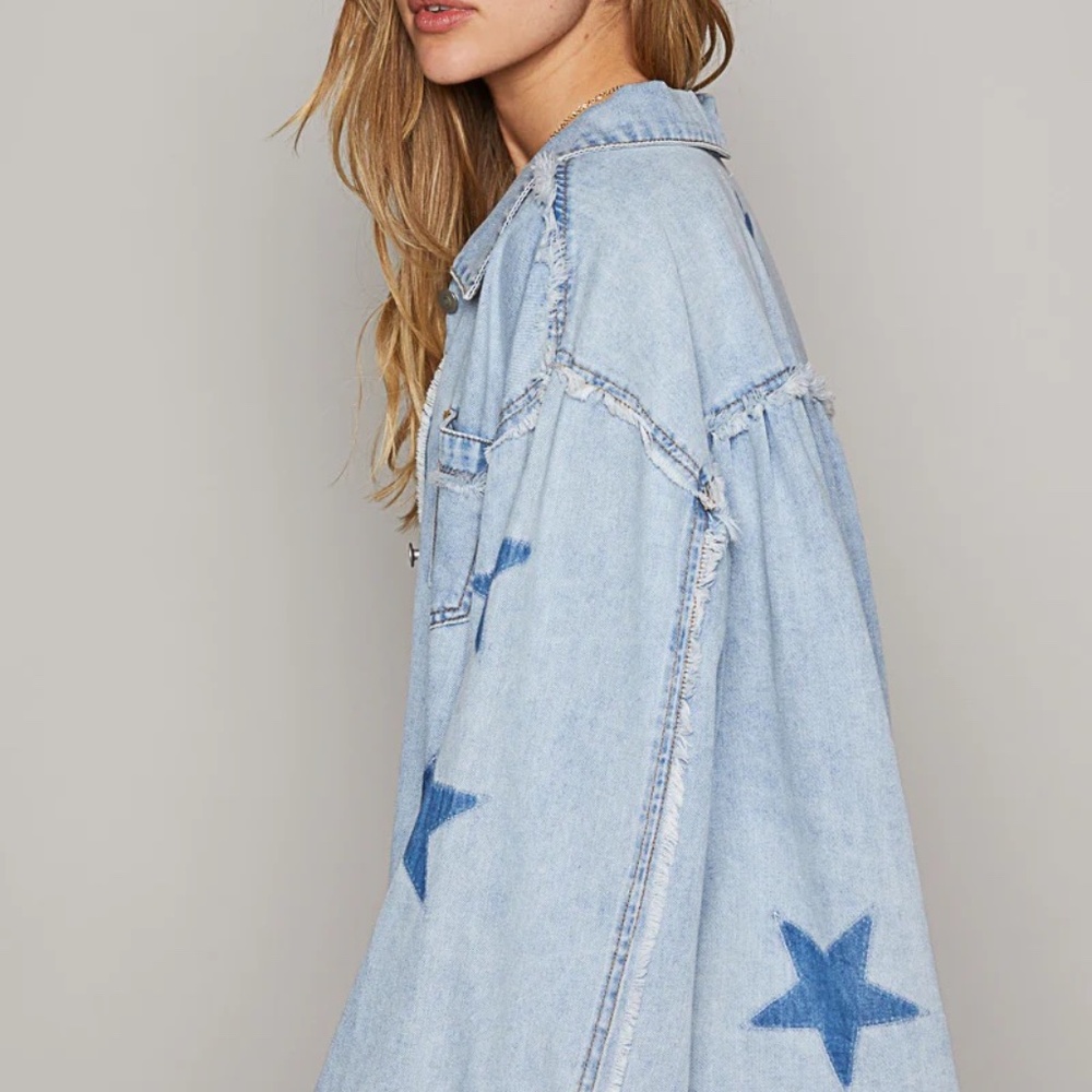 POL Star Patch Raw Hem Button Up Denim Lightweight Shacket relaxed oversized fit - Picture 9 of 9